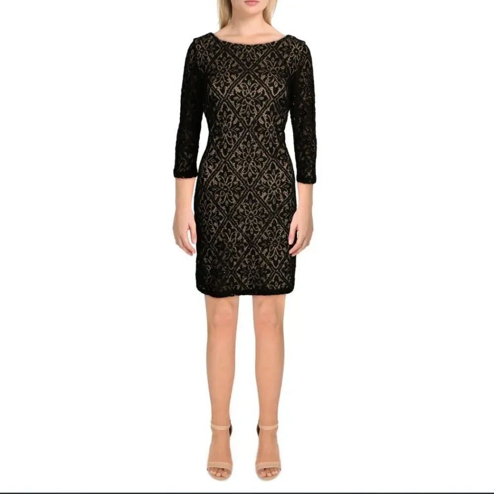 ANNE KLEIN 3/4LACE SLEEVE LONG ZIPPER CLOSURE ABOVE THE KNEE LENGTH DRESS